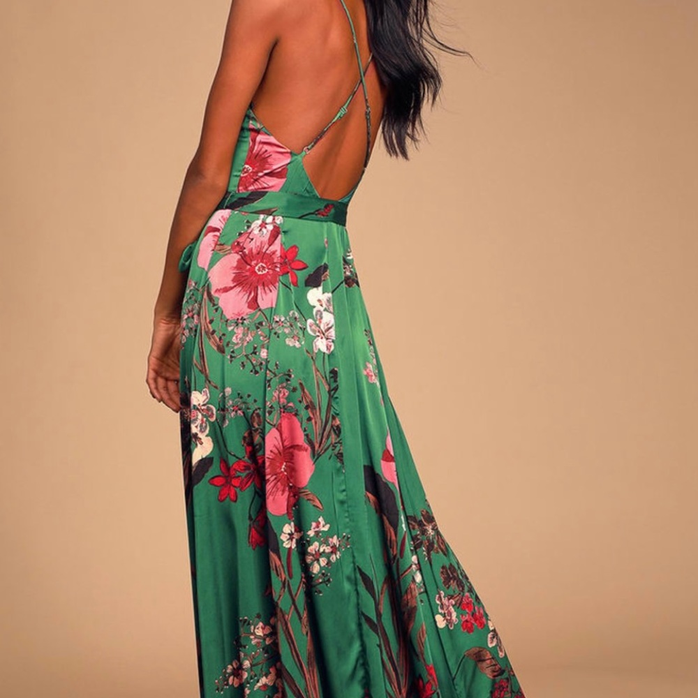 Lulus Emerald Green Floral Print Satin Maxi Dress NWT